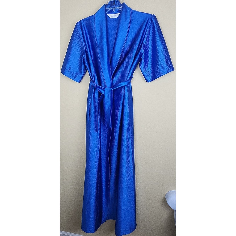 Van Raalte Vintage Royal‎ Blue Textured Maxi Robe Satin belted Medium